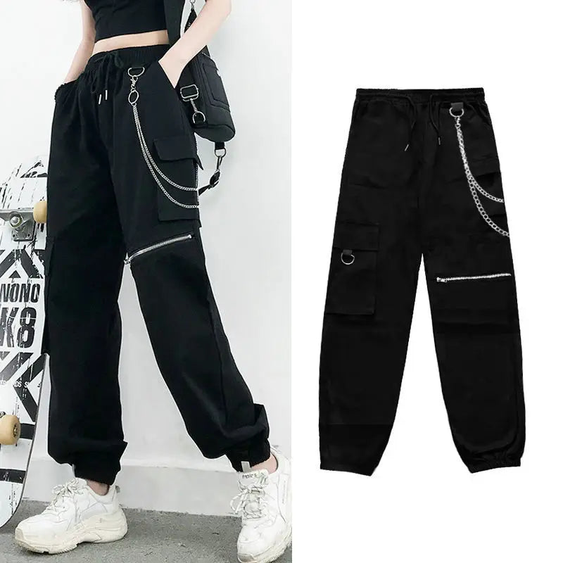 Streetwear Spring Summer Cargo Pants Women Harajuku Slim Punk Ribbons Joggers Elastic Waist Ankle-Length Trousers For Girls