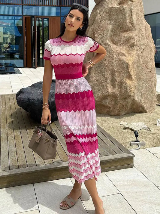 Women Contrast Knitted Slim Maxi Dress Fashion Round Neck Short Sleeve Dresses 2023 Autumn Elegant Lady Vacation Street Vestido