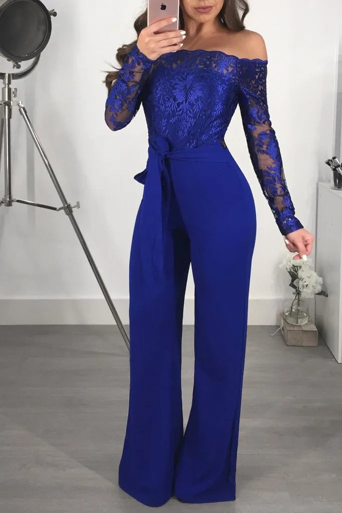 Jumpsuit Overalls Sexy Women Wide Leg Pant Lace Elegant Straight Party Jumpsuit Rompers Slash Neck Work Autumn Bodysuit Pants