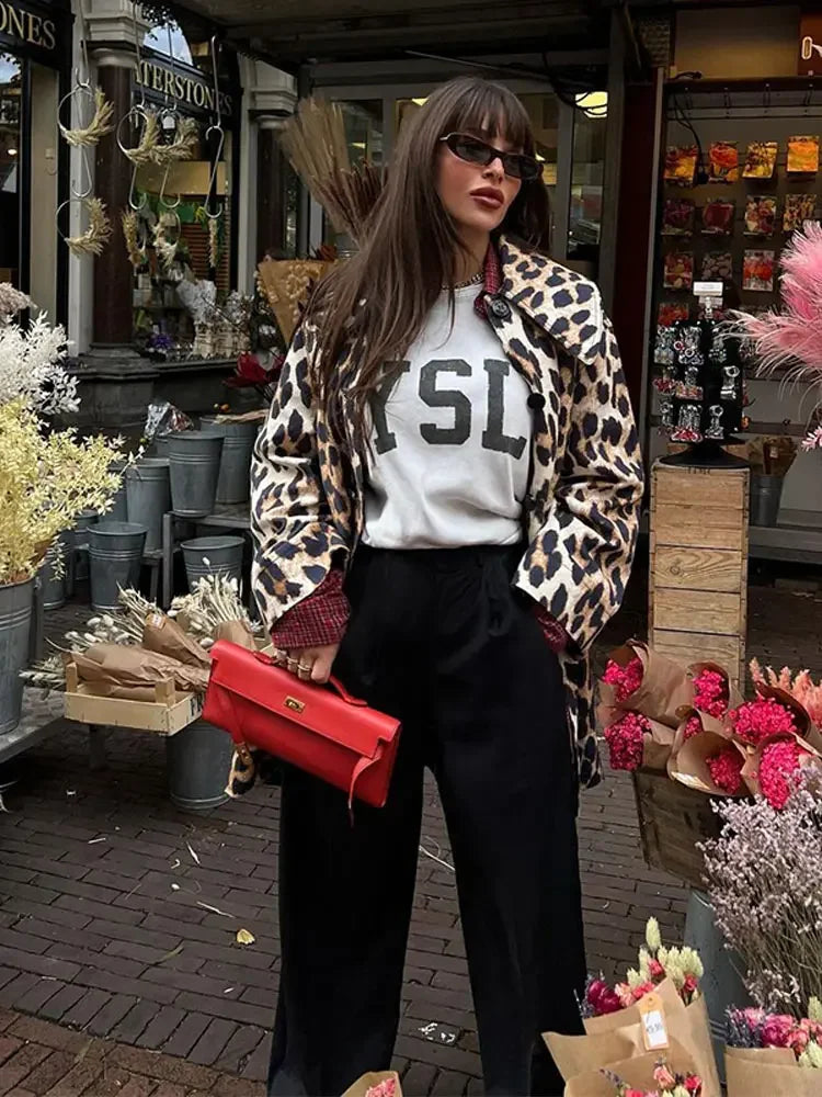 PICSGIRL -  Women Fashion Leopard Printed Lapel Coat 2024 New Chic Single Breasted Loose Jacket Female Causal Commuting Street Outerwear