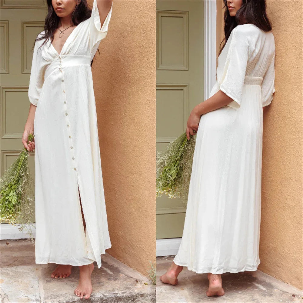 Chic Casual White Linen Maxi Dress for Women Summer V Neck Short Batwing Sleeve Single Breasted High Waist Loose Dresses Street