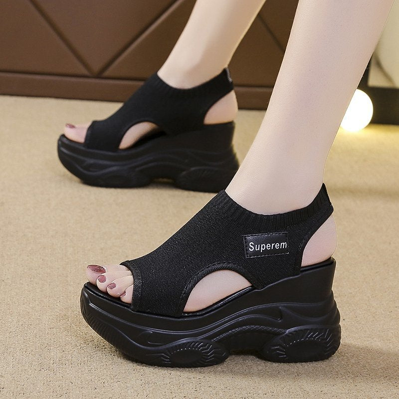 Women's Sandals 2022 Summer Wedge Heel Elastic Cloth Cover Foot Ladies Sandals Thick-soled Fashion Trifle Elevation Casual Shoes