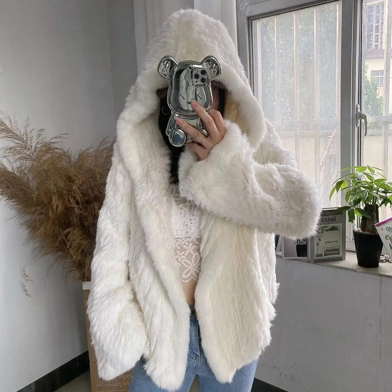 Autumn Winter Women Real Rabbit Fur Coat 100% Natural Fur Jacket Loose Manual Weave Quality Streetwear Hooded Flare Sleeves New