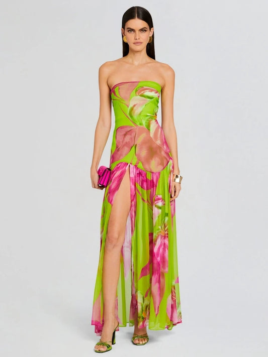 Summer Sexy Strapless Print Slit Long Dress Women Green Sleeveless Printed Floral Dresses Beach Holiday Party Sundress