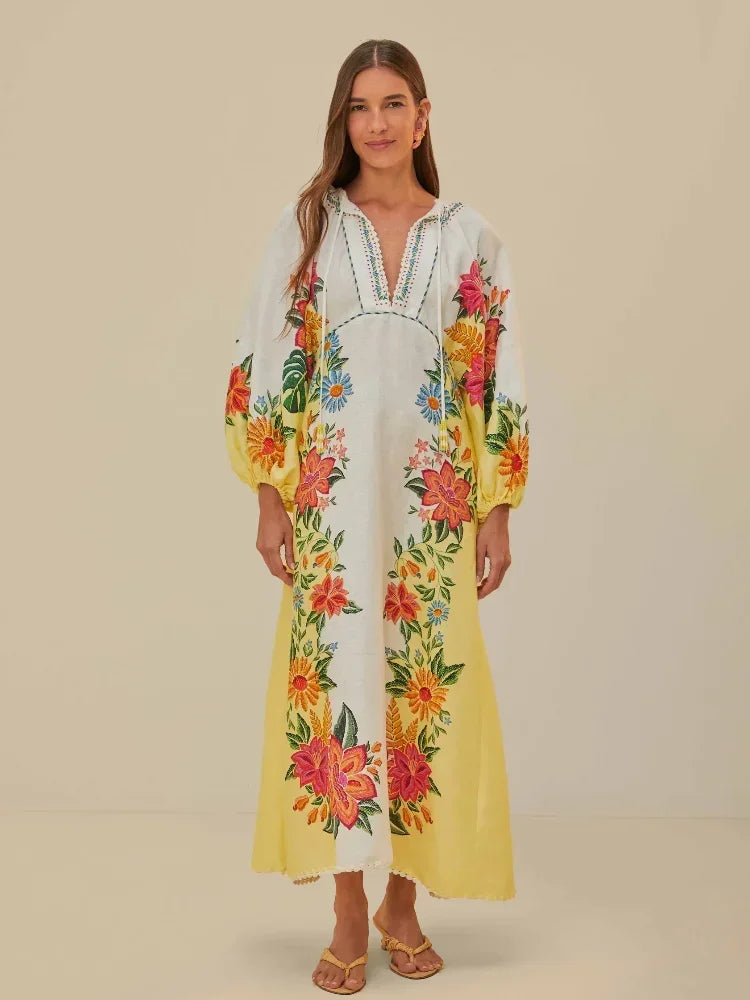 Summer Tropical Style Flower Print Long Dress Women Elegant V-neck Lantern Sleeve Loose Vestido Female Beach Holidays Dresses