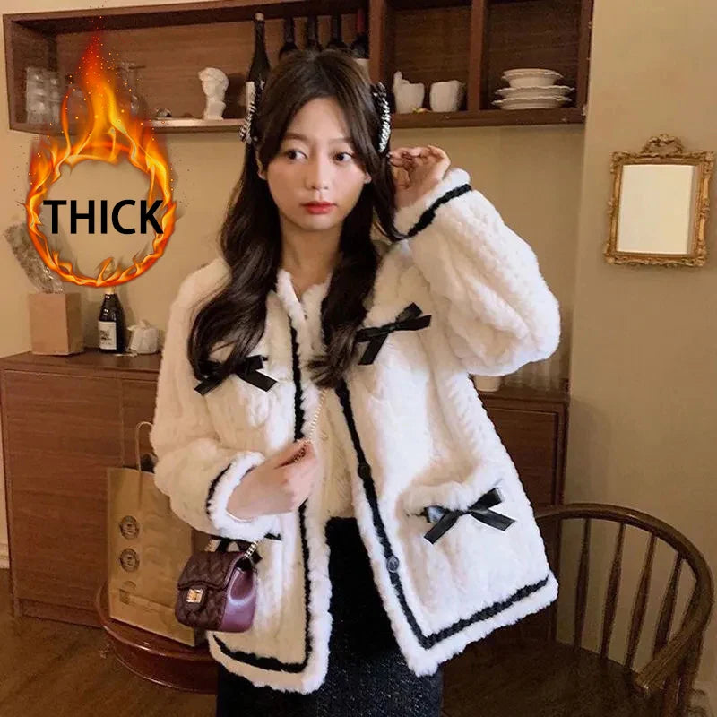 MEXZT Sweet Faux Lamb Wool Coat Women Thick Bow Patchwork Jacket Winter Vintage Korean Elegant Faux Fur Casual Outerwear Tops