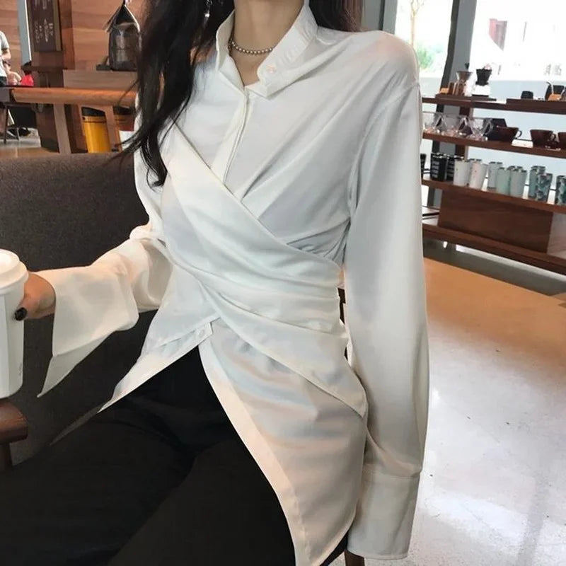 Deeptown Korean Style Women Blouses Tunic White Casual Chic Elegant Female Fashion Irregular Top Long Sleeve Shirts Office Wear