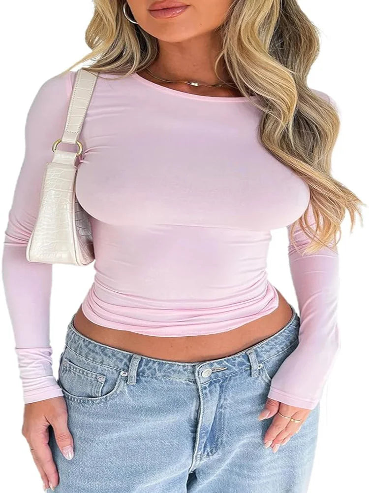 warmmeta Pink Long Sleeve Basic Tshirt Sexy Crop Top for Women 2024 Spring Autumn Causal O Neck Korea Y2k T-Shirt Slim White Tees Ladies