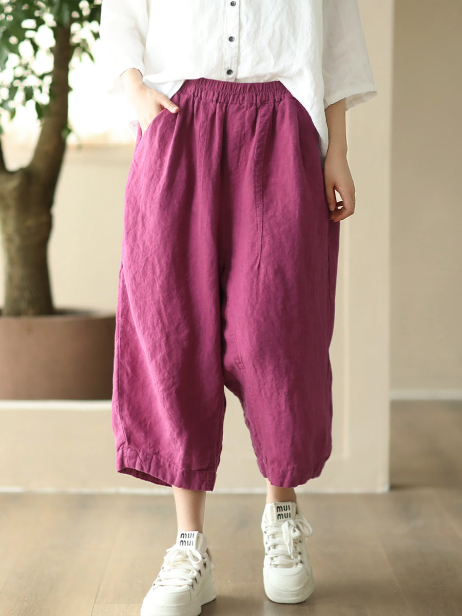 Women Summer Retro Solid Linen Loose Harem Pants FD009