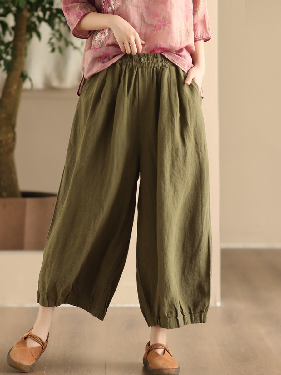 Women Summer Vintage Solid Linen Wide-leg Pants FD038