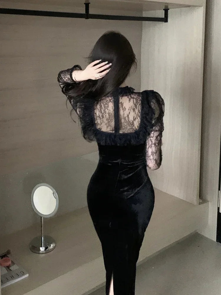 WARMMETA Vintage Elegant Dresses Women Lace Ruffles Patchwork Velvet Long Sleeve Slim Stretch Split Temperament Dress Ladies Black