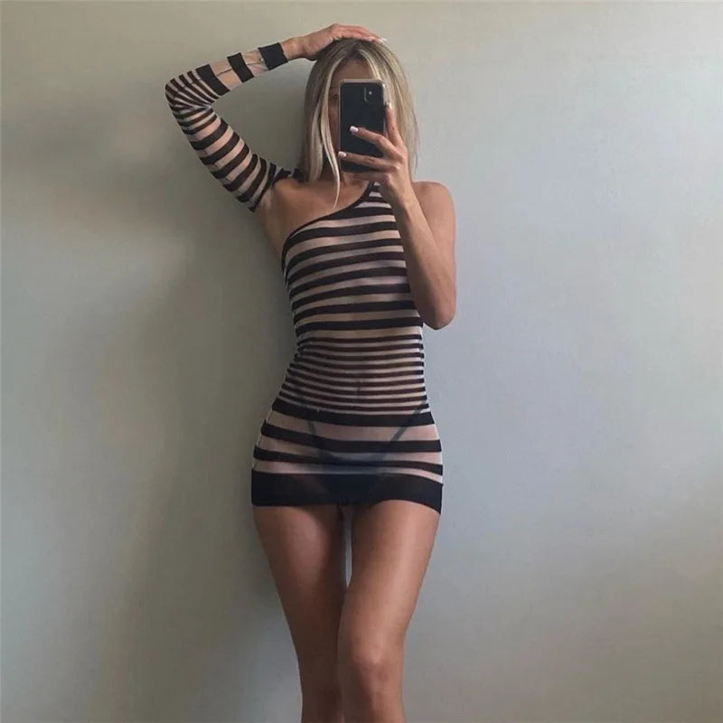 Sexy Zebra Stripes Women Dress Asymmetrical Skew Collar Backless Sheer Club Rave Partywear Summer Fashion Contrast Color Bodycon