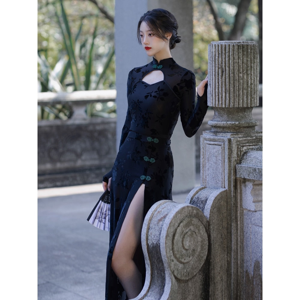 Lilith Black 90s Style Cheongsam 2-Piece Dress