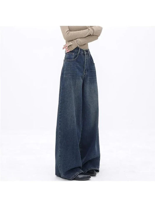 American Vintage High Waist Oversized Jeans Pants For Women Casual Baggy Y2K Wide Leg Grunge Streetwear Blue Denim Trouser