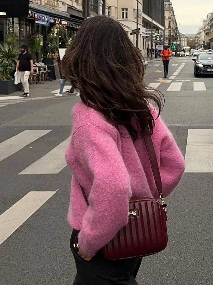 Women Pink Single Breasted Knit Cardigan Sweet Female Long Sleeve Crew Neck Sweater Spring Casual Fashion Office Ladies Knitwear