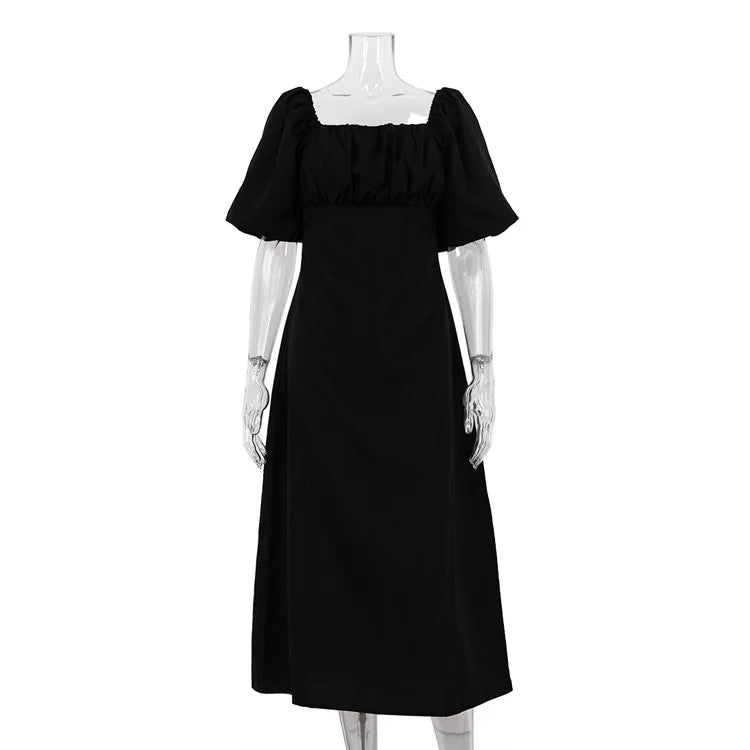 PICSGIRL -  Black Vintage Chic Midi Dress Women Spring Summer Square Collar Puff Sleeve Casual Vestidos 2024 New Simple Fashion Long Dresses