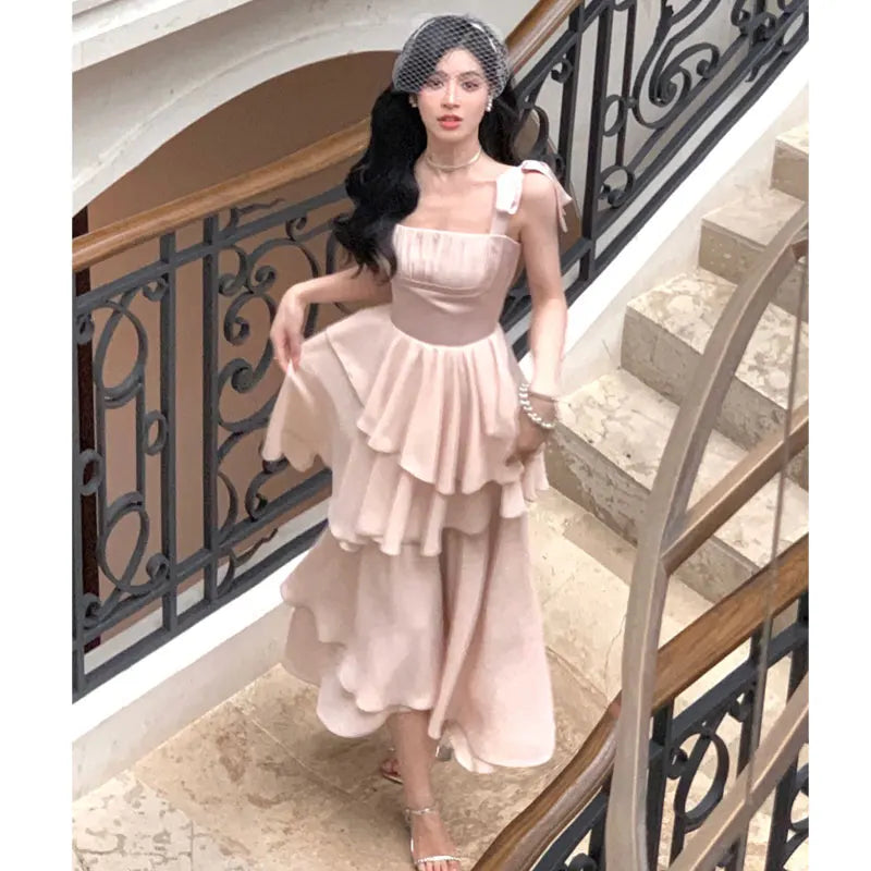 2024 French Elegant Women Wedding Party Dress Fashion Vintage A Line Tierred Robe Female Sundress Retro White Dress Vestido Pink