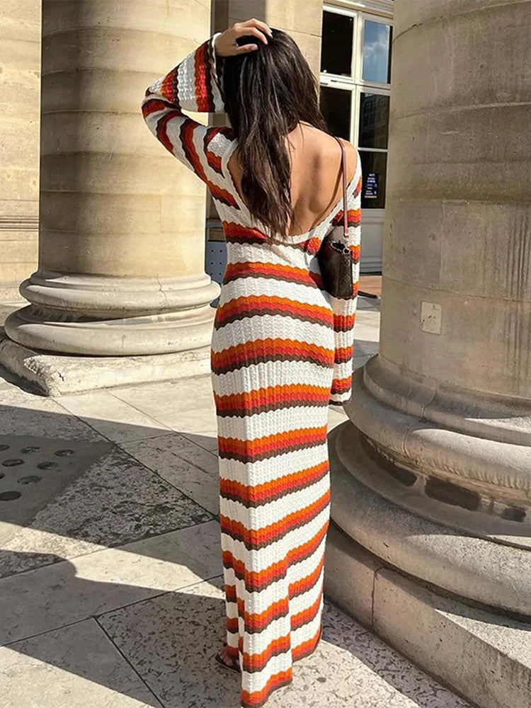 Striped Knitted Long Dress Women O-neck Backless Hollowed Out Long Sleeves Lady Bodycon Dress 2024 Spring Summer Vacation Robe