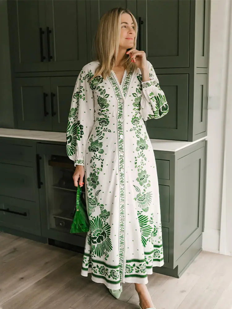 Vintage Print Loose Maxi Dress For Women Elegant Lace Single Breasted Lantern Sleeve Robes Female Fashion Vacation Beachwear