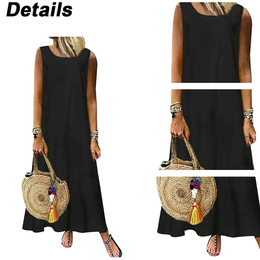 WARMMETA Linen Sleeveless Dress for Women Summer Pullover Skirt Vestidos Fashion Female Clothing Short Sleeved Loose Long Dress