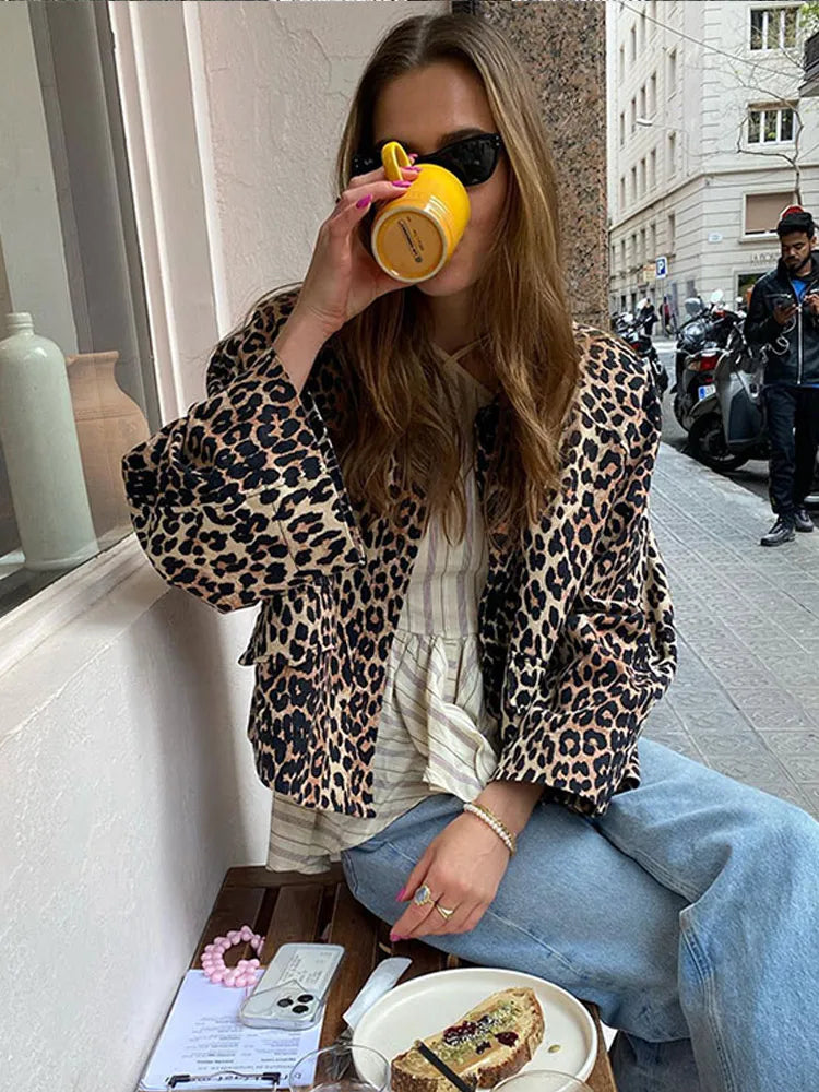 Picsgirl -  Vintage Lapel Collar Leopard Print Coat Women Elegant Loose Long Sleeve Pocket Jacket 2024 Spring Lady Fashion Street Outerwear