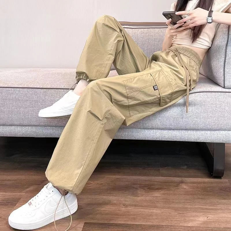 Casual Joggers Cargo Pants for Women Solid High Waist Pants Drawstring Wide Leg Baggy Trousers Y2k Streetwear Slim Sweatpants