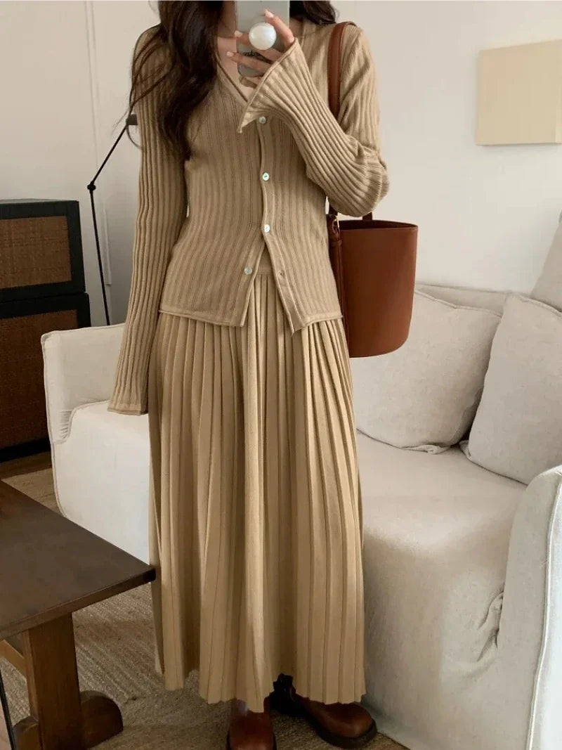 Autumn New Pleated Skirt Suit Women Korean Simple Knitted Top High Waist Skirt 2 Piece Set Winter Office Lady Elegant Outfit