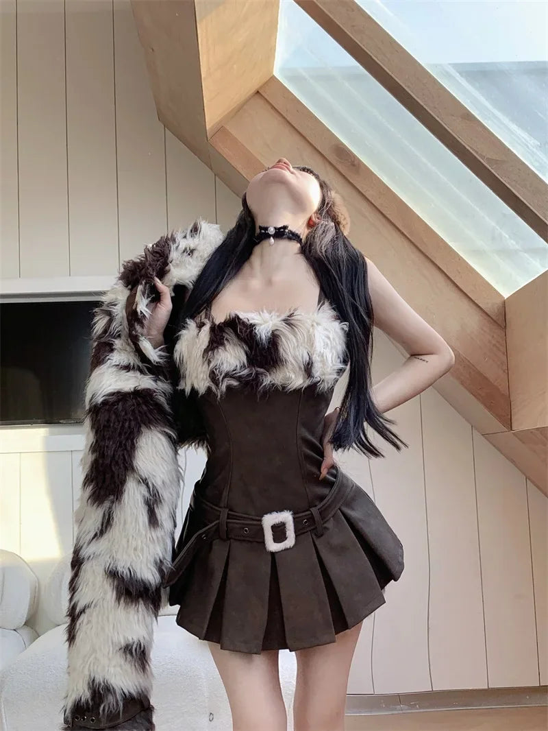 WARMMETA Hot Girl Suit Women's Autumn/Winter Faux Fur Short Coat Strap Slim Fit A-line Dress Two-piece Set Fashion Female Clothes