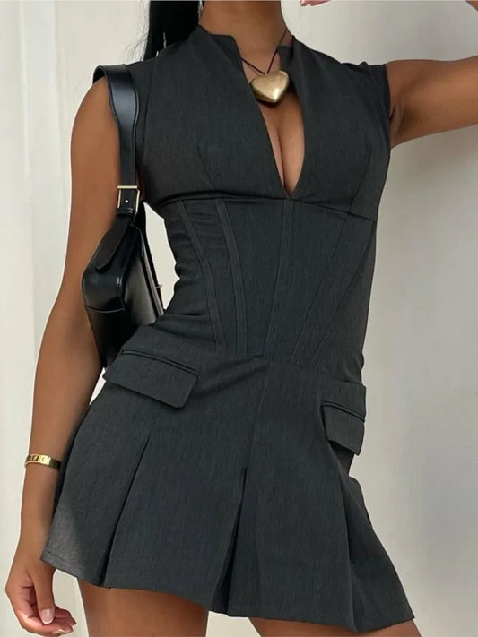 Women Sexy Deep V Neck Pleated Dress Autumn Fake Pocket Sleeveless Bodycon Dresses Y2K New Female High Street Vestidos