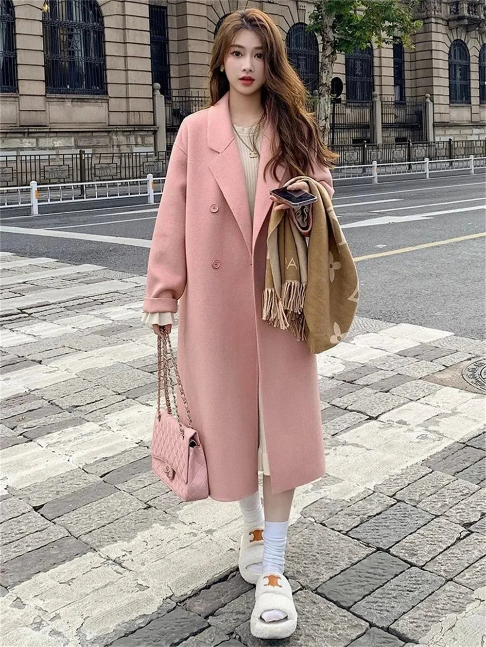 Pink Woolen Coat Women's Mid length 2023 Autumn/Winter New Korean Version Loose and Versatile Hepburn Style Small Woolen Coat