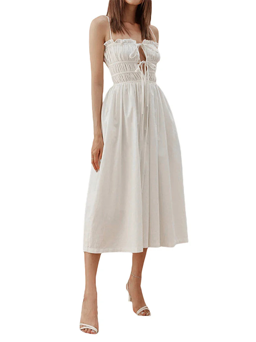 Women's Summer Slip Dress Solid Color Tie Front Spaghetti Strap Ruched Midi A-Line Dress