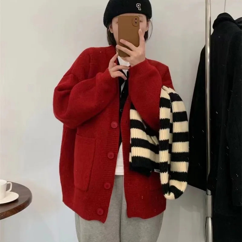 Autumn Winter Cardigan Women Oversize Knitted Sweater Lady Korean Style Single Breasted Jumper Female Casual Loose Knitwear Coat