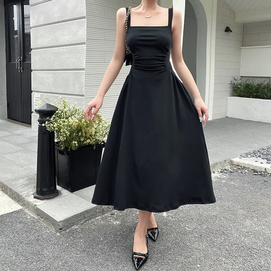 warmmeta-Summer Elegant Casual A-Line Satin Midi Dress Women Sleeveless Vintage Party Birthday Vestidos Female Chic Solid Robe JY23115GN