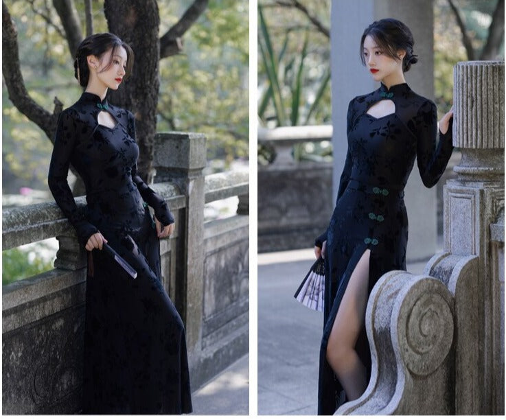 Lilith Black 90s Style Cheongsam 2-Piece Dress