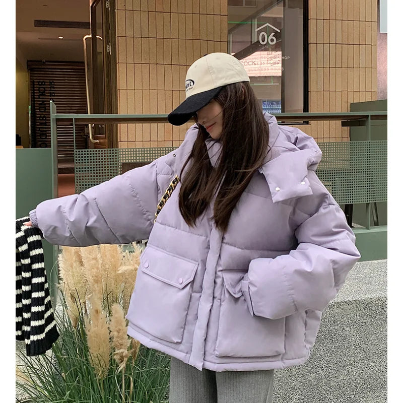 Brown Down Jacket Women Coat Black Hooded Fashion American Streetwear Y2K Style Duck Down Feather Female Winter Short Outwear