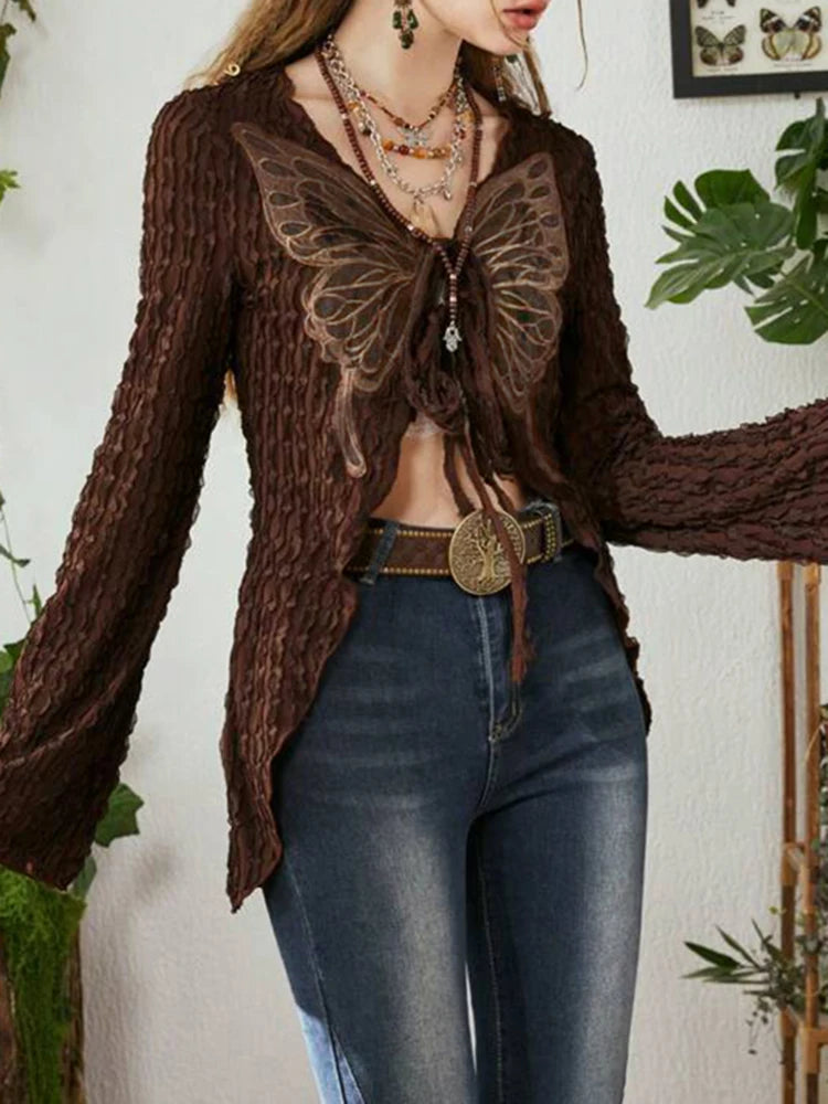 Retro Y2k Tie Up T-shirt Cardigan Grunge Butterfly Graphic Loose Full Sleeve T Shirts for Women 2023 Autumn Vintage Tees