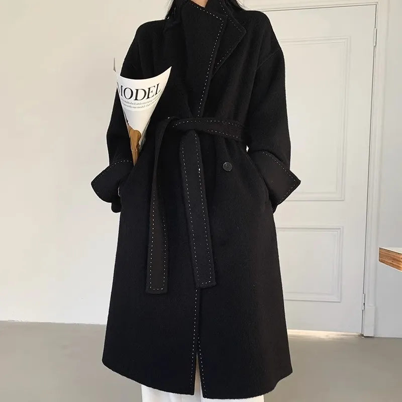 Double-Sided Cashmere Coat For Women In Autumn And Winter, High-End Large Lapel Design, Pure Hand Sewn Loose Coat