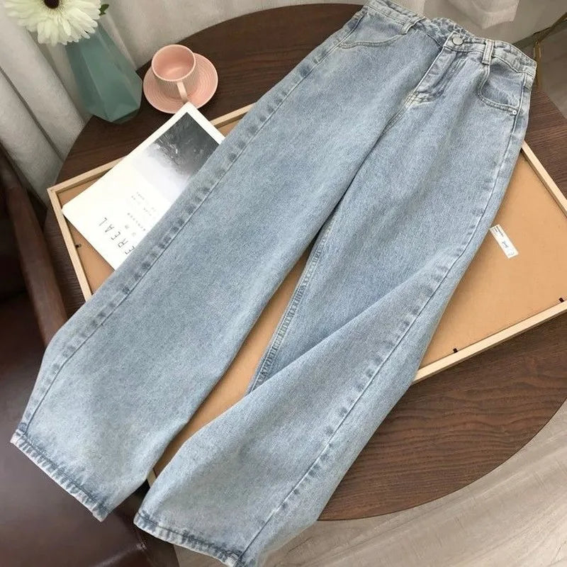 warmmeta-Vintage Blue High Waist Women Jeans Gradient American Fashion Streetwear Wide Leg Jean Female Denim Trouser Baggy Denim Pants