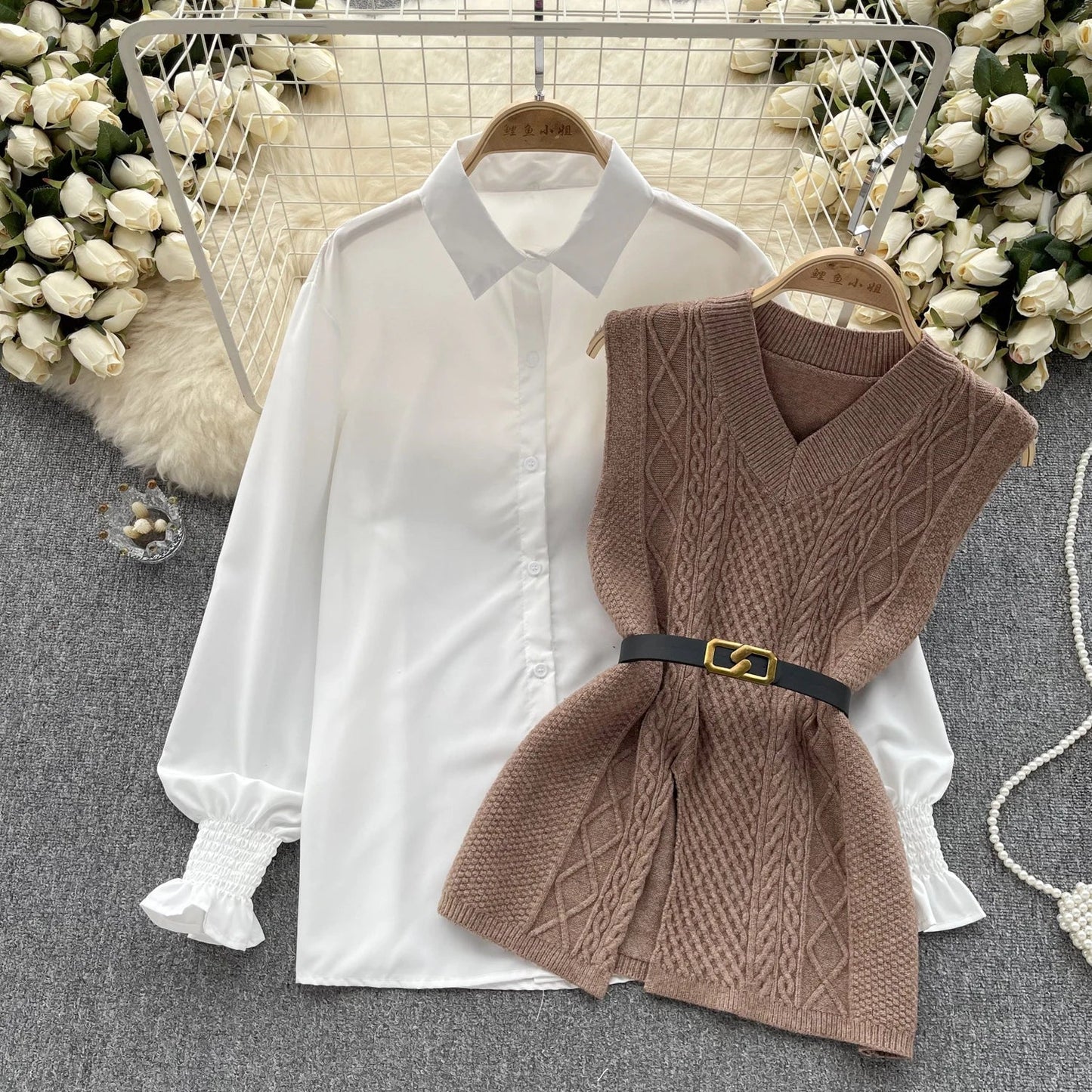 Office Lady Knitted Sweater Warm Thick Knit Vest+Single Breasted Lantern Sleeve Blouse 2023 Women Pullover Shirt Suits