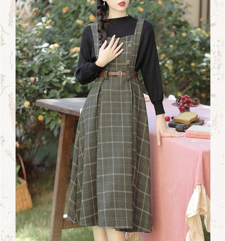 Forest Witch 2-Piece Dark Academia Wool Plaid Dress Set