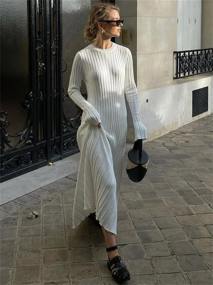 WARMMETA Lace-Up Female Knit Maxi Dress Autumn High Waist Fashion Patchwork Long Sleeve Loose Solid Dress Bandage Knitwear Dress