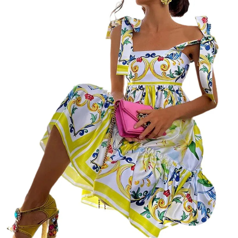 Holiday Blue White Yellow Porcelain Floral Print Summer Sleeveless Dress for Women Straps Bow Midi Long Vestidos Beach