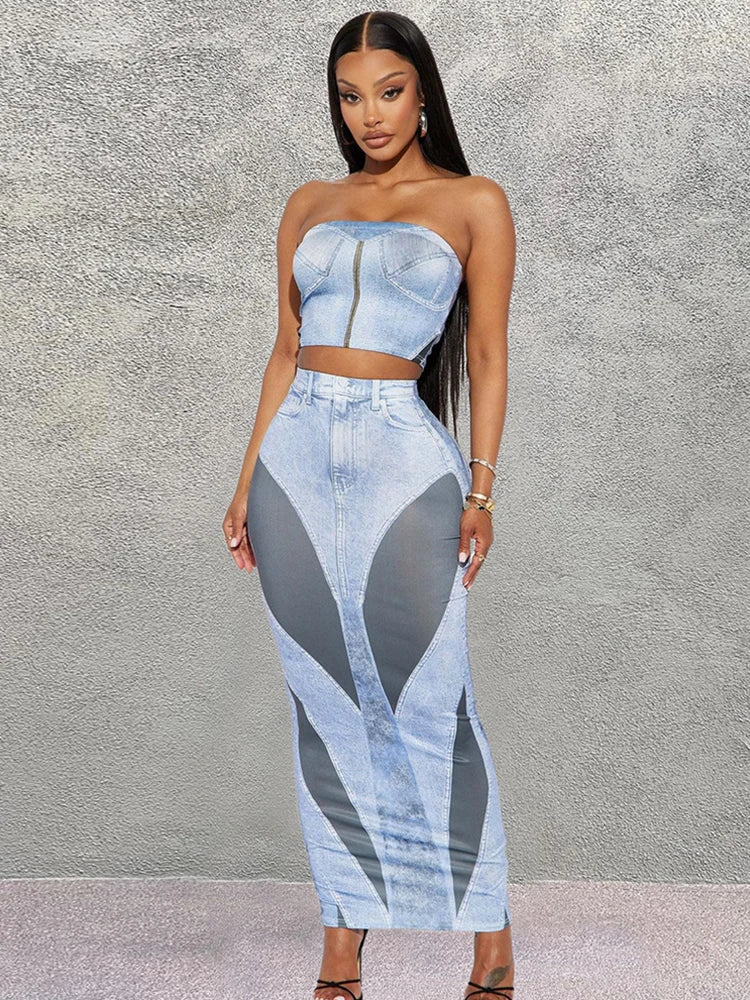 Fashion Printed Sexy Suits Sets Women Regular Casual Strapless Slim Sheath Backless Tracksuits (Short Tops+Maxi Skirts)