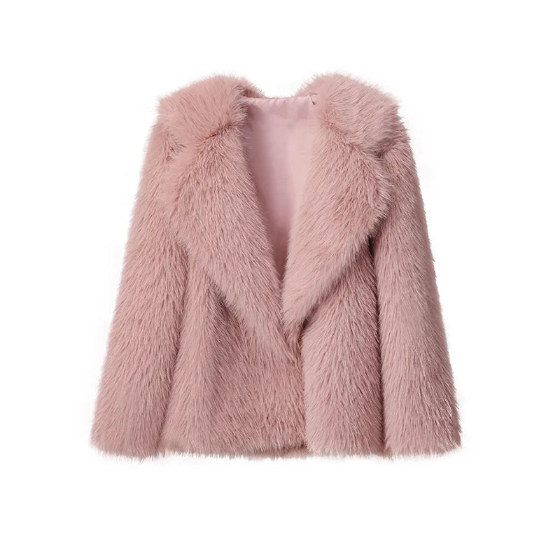 warmmeta Fashion Women's Winter Faux Fur Coat Long Sleeve Pockets Covered Buttons Lapel Female Overcoat Warm Fluffy Women Coats