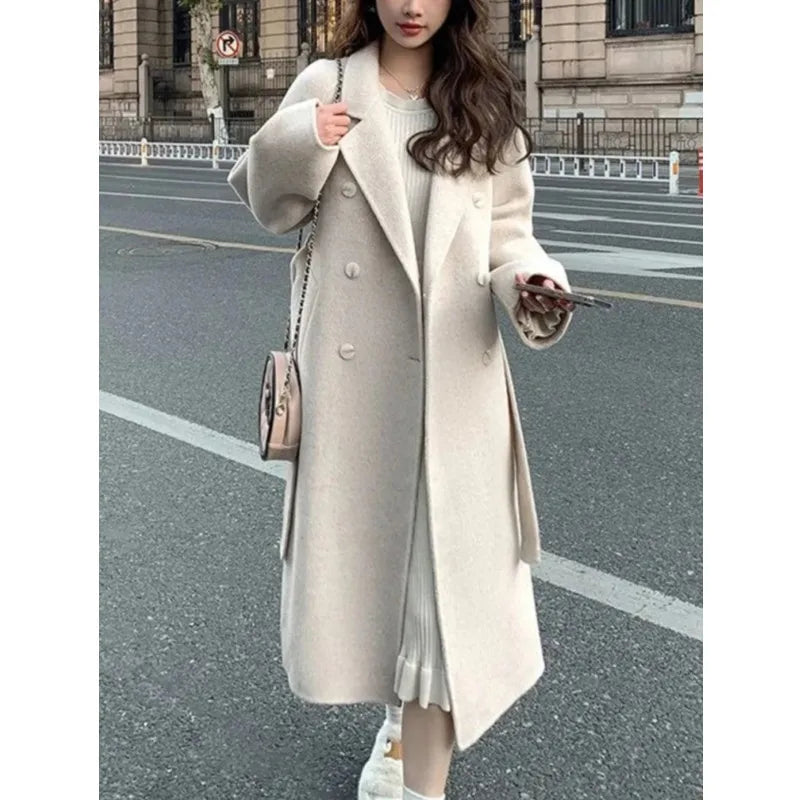 Korean Fashion Women Casual Loose Woolen Coat Elegant and Chic Solid Outerwear Long Overcoat with Belted Female Warm Cloak