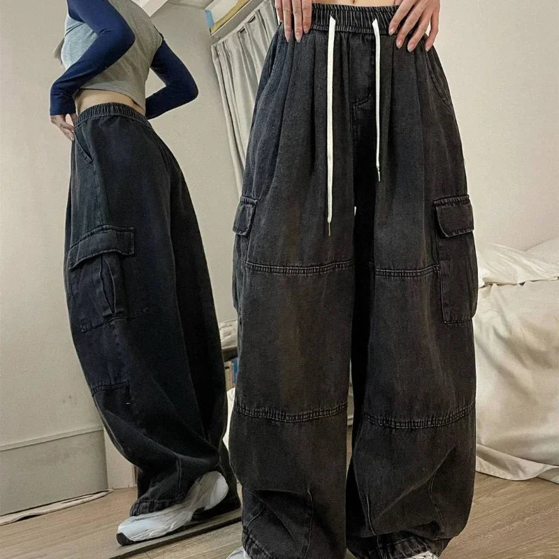 Vintage Baggy Jeans Wide Leg Pants Elastic Waist Oversized American Trouser Fashion Streetwear Straight Casual Pants Y2k Autumn