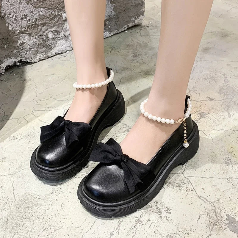 warmmeta-Women Thick Platform Mary Janes Lolita Shoes Party Pumps Summer New Sandals Bow Chain Mujer Shoes Fashion Oxford Zapatos