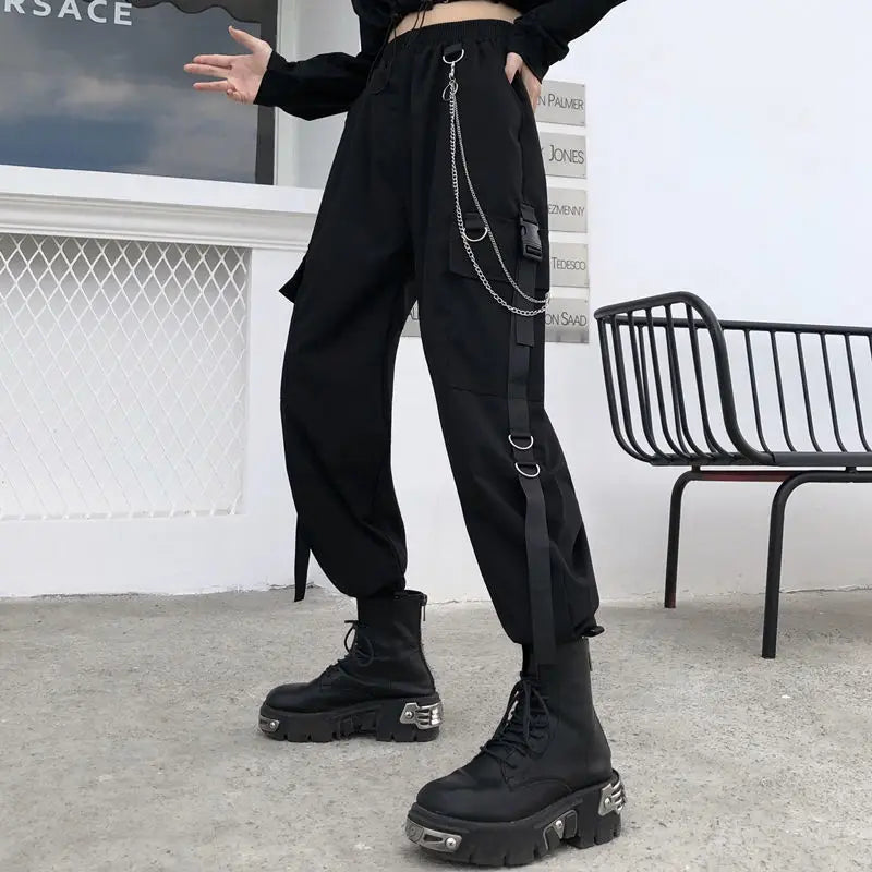 Streetwear Spring Summer Cargo Pants Women Harajuku Slim Punk Ribbons Joggers Elastic Waist Ankle-Length Trousers For Girls