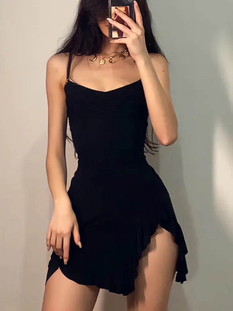 WARMMETA Dark Gothic Sexy Black Dress Women Streetwear Aesthetic Y2k Spaghetti Strap Lace Patchwork Irregular Hem Dress Female