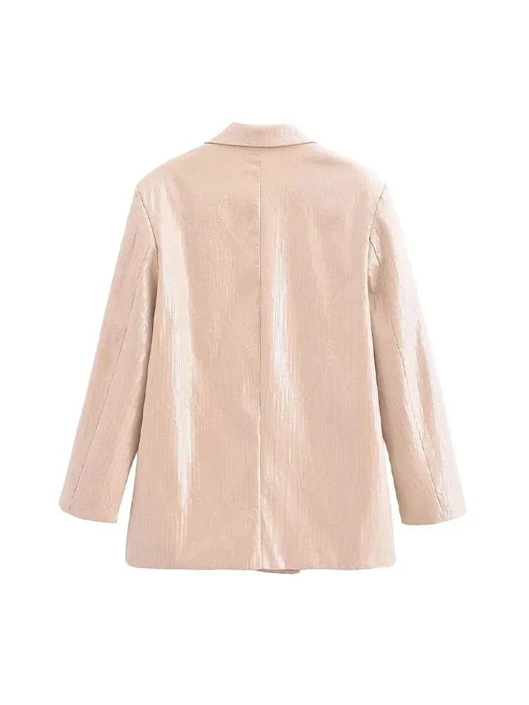 PICSGIRL -  Spring Chic Sequins Blazer for Woman Fashion Turn Down Collar Long Sleeves Jackets Pockets Oversize Female Casual Coats